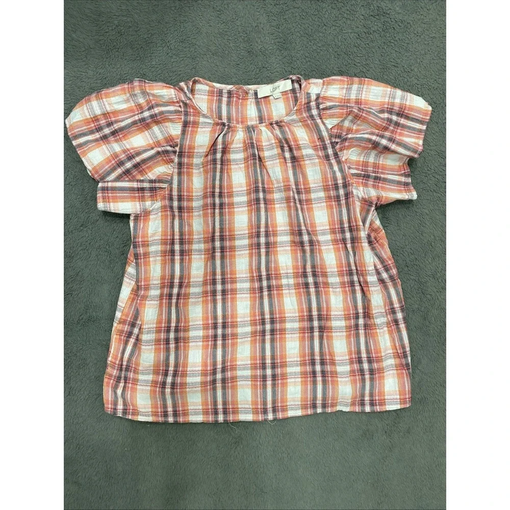 Loft Plaid Cotton Blouse Shirred Neck Puff Sleeve Button Back Orange Red M